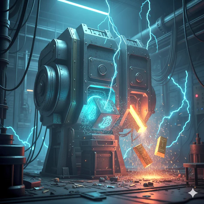 ​Cinematic, low-light shot inside a Retro-Tech Mining Facility. The focus is on a heavy, industrial-style chute or dispensing mechanism. A single, glowing Bitcoin block (neon cyan) is being dispensed, while a similar-sized gold bar is falling away, instantly cut in half. The background is dark, with sparks and cables illuminated in the signature Neon Blue/Cyan. The machine itself looks like a rigid, immutable safe or vault. The aesthetic should be gritty, industrial, and retro-modern. --ar 1:1