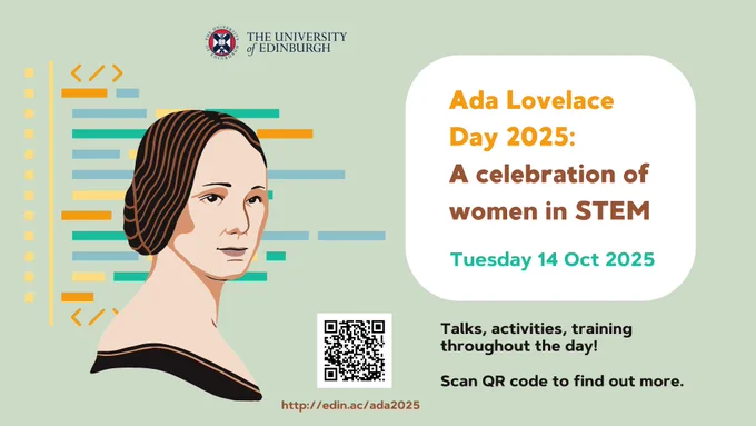 Ada Lovelace Day poster with QR code and drawing of Ada. Celebrating women in STEM.