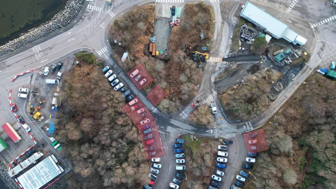 Aerial view of Kennacraig car park and marked spaces in red