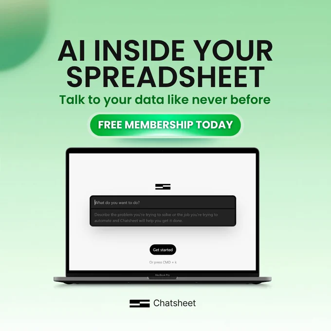 AI inside your spreadsheet.” Green gradient, laptop mockup showing chat prompt. Button reads “Free membership today.