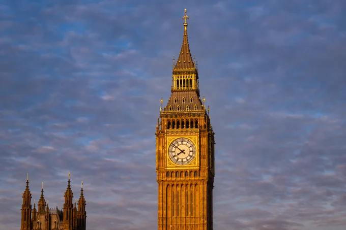 Elizabeth Tower lit by warm light at golden hour