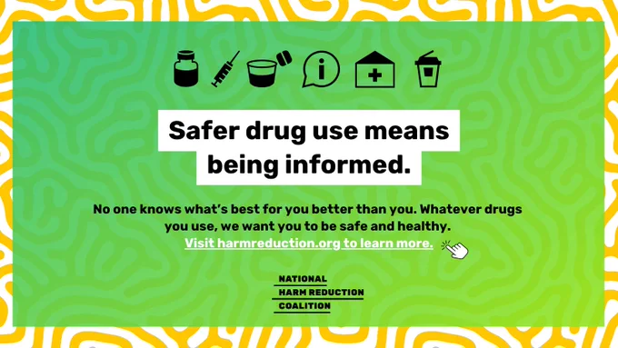 Same background, gradient box, logo, and icons. The information bubble icon is white. Medium-sized black font over white text box reads, "Safer drug use means being informed." Smaller black font below reads, "No one knows what’s best for you better than you. Whatever drugs you use, we want you to be safe and healthy." White font below this reads, "Visit harmreduction.org to learn more.
