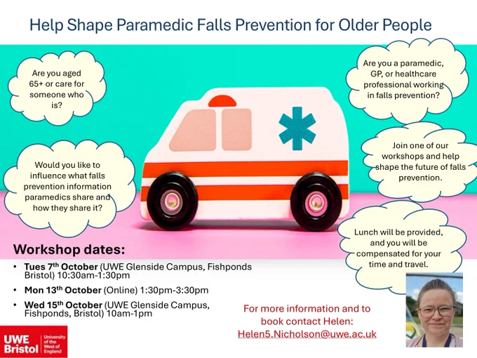 Poster advertising the workshops. It includes the dates and times. 

In-person workshops (thank you payment, lunch provided and travel costs reimbursed):
•	Wednesday 15th October, 10:00am–1:00pm – UWE Glenside Campus, Bristol
Online workshop (thank you payment):
•	Monday 13th October, 1:30pm–3:30pm
To register, or to find out more, please email Helen5.Nicholson@uwe.ac.uk 
