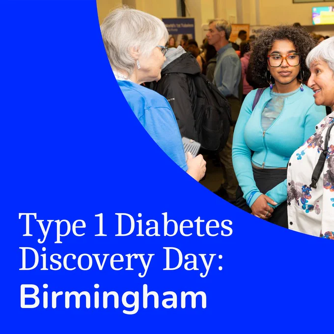 Attendees interacting at a Type 1 Diabetes Discovery Day event. The image is overlaid with a blue oval graphic featuring text that reads - Type 1 Diabetes Discovery Day: Birmingham.