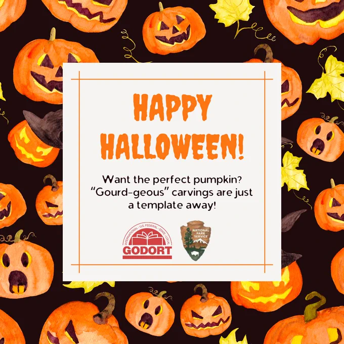 Jack-o-lantern boarder surrounds text: "Happy Halloween! Want the perfect pumpkin? 'Gourd-geous' carvings are just a template away!"