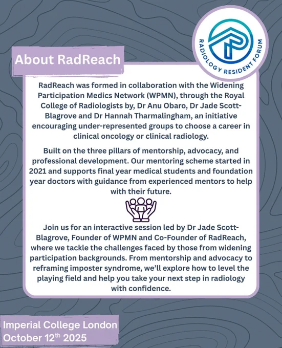 Promotional poster for an interactive session by RadReach at Imperial College London, discussing advances in radiology education and development, featuring Dr Jade Scott-Blagrove on October 12.