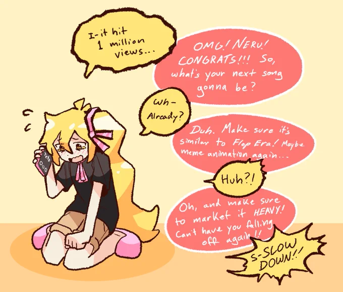 Neru is on the phone with Kasane Teto, excited that the song "FLOP ERA" has hit 1 million views. Teto is giving Neru advice on what to do for her next released song, leaving Neru overwhelmed.