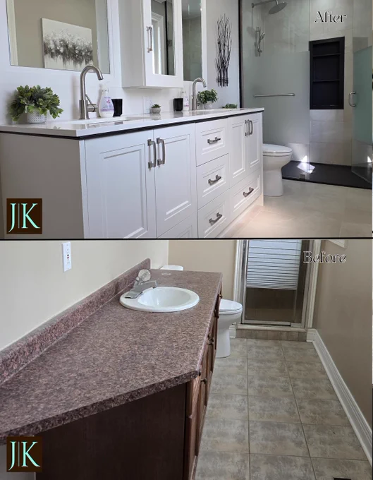 FROM OUTDATED TO OUTSTANDING – BATHROOM MAKEOVER MAGIC - BEFORE/AFTER ✨🛁

Check out this stunning transformation! From outdated and dull ➡️ to sleek, modern, and luxurious! 😍💫
Whether you want a full remodel or a fresh vanity upgrade, we bring your dream bathroom to life! 💧✨

📸 Swipe to see the magic in action!
💬 Love what you see? Let’s talk!