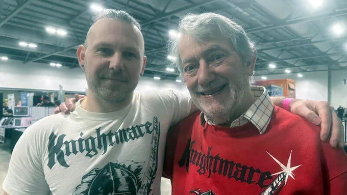 Knightmare contestant Oliver Duhl with actor Hugo Myatt, who played Treguard on the show.