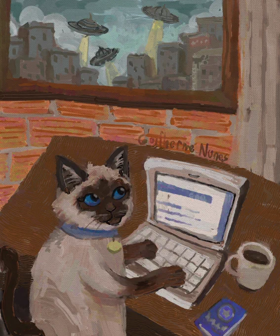 painting of a Siamese cat sending a resume on his notebook while UFOs appear through the window between the buildings