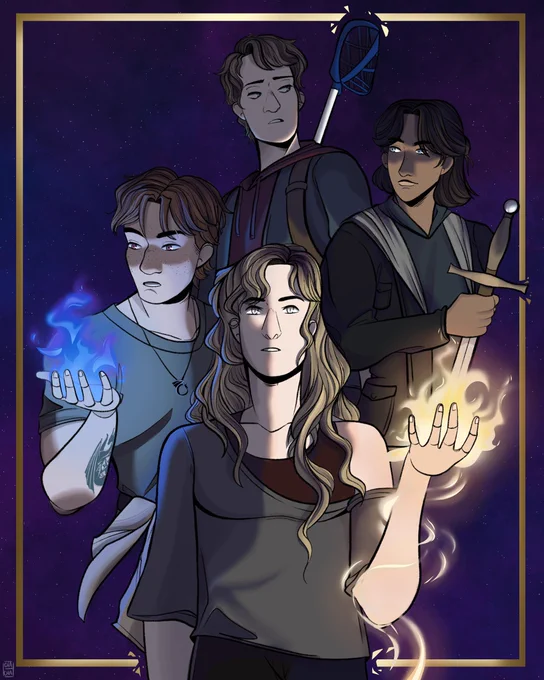 A purple and blue galaxy background with art of 4 teenagers in kind of a diamond shape. Kat is in front and she has blonde wavy hair, a gray shirt, silver eyes, and gold magic coming out of her upraised hand. The glow of the magic lights the other 3 characters.
Coleman is on Kat’s left and closest to her and has red hair, red eyes, freckles, a tattoo on his arm, and is wearing a green shirt with a jacket wrapped around his waist. He has blue magic coming off his hand and casting a cool glow on his face. 
To Kat’s left and behind is Jason. He has brown skin, black hair, blue eyes, and is wearing a black jacket and holding a sword point down and looking back at Coleman. 
Aaron is in the back, looking to the right, wearing a dark jacket over a red hoodie, you can see backpack straps and a lacrosse stick sticking out. He has dark blond hair and green eyes
There is a gold frame around them all