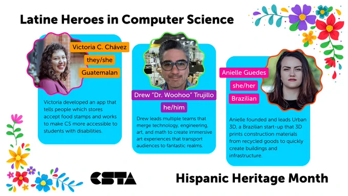 Victoria Chávez developed an app that tells people which stores accept food stamps and works to make CS more accessible to students with disabilities. Drew “Dr. Woohoo” Trujillo leads multiple teams that merge technology, engineering, art, and math to create immersive art experiences that transport audiences to fantastic realms. Anielle Guedes founded and leads Urban 3D, a Brazilian start-up that 3D prints construction materials from recycled goods to quickly create buildings and infrastructure.