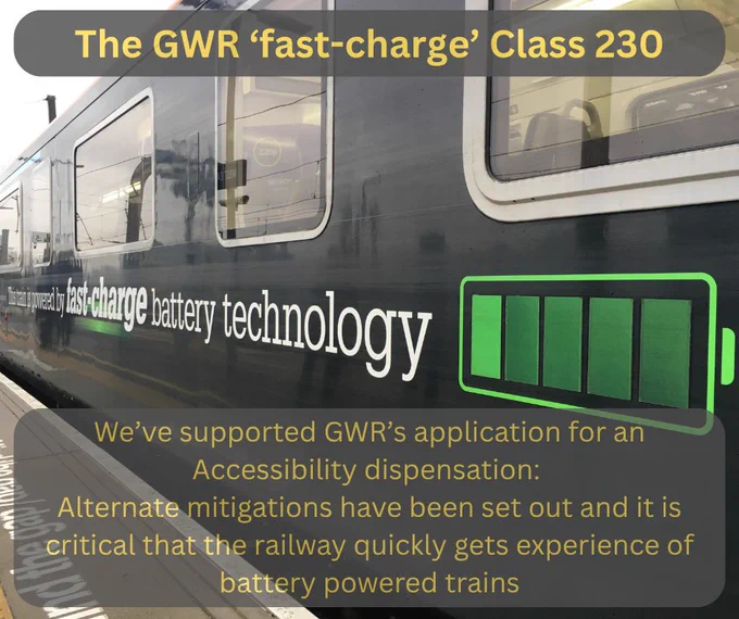 Image is mainly decorative: We note 'We’ve supported GWR’s application for an Accessibility dispensation: 
Alternate mitigations have been set out and it is critical that the railway quickly gets experience of battery powered trains'