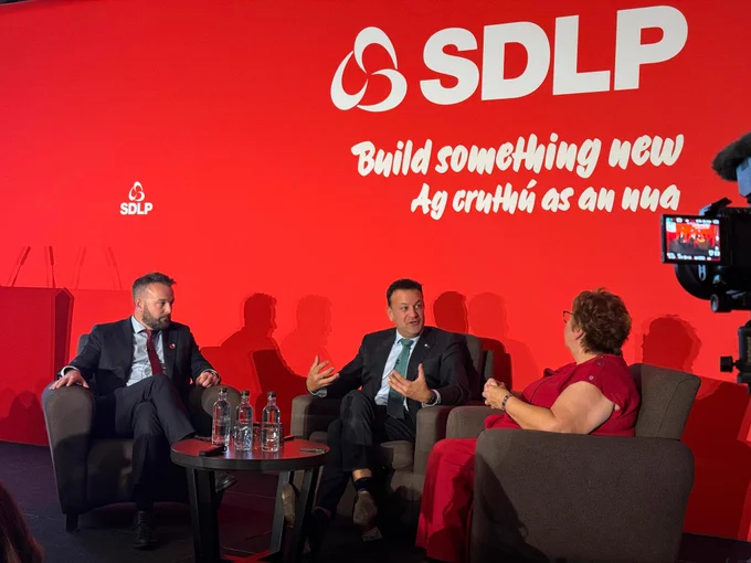 The New Ireland Commission’s Colum Eastwood and former Taoiseach Leo Varadkar discussing a New Ireland at the SDLP Conference in Belfast.