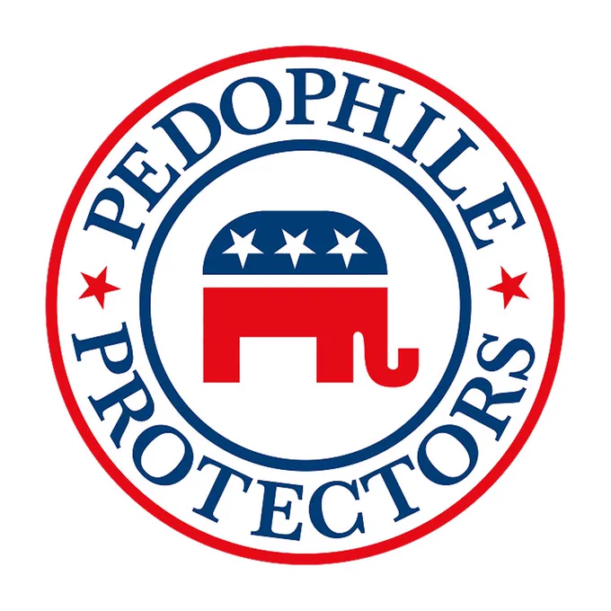 A remake of the GOP logo with the text: Pedophile Protectors. 

There is a red and blue elephant in the middle of the logo.