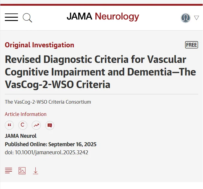 JAMA Neurology article, "Revised Diagnostic Criteria for Vascular Cognitive Impairment and Dementia—The VasCog-2-WSO Criteria." Published online September 16, 2025. Free article.