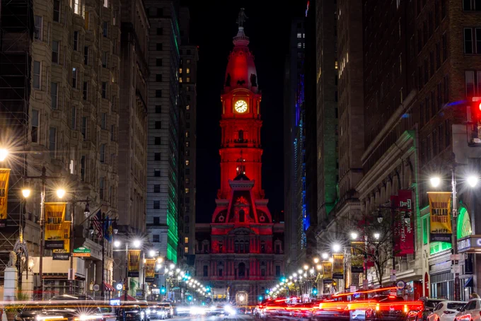 Photo of City Hall lit up red for Red October.