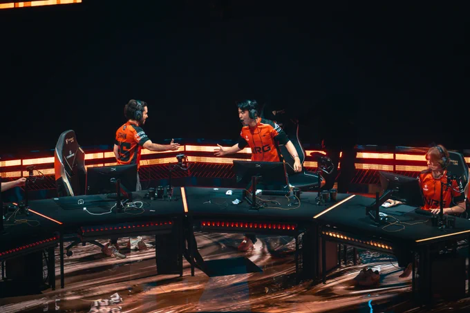 NRG s0m and NRG ethan celebrating after a round win during their VCT Champions Paris Upper Finals match against FNATIC