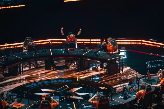 NRG s0m celebrating after a round win during their VCT Champions Paris Upper Finals match against FNATIC