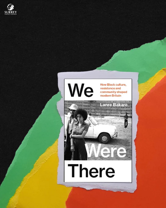 The cover of We Were There by Lanre Bakare in front of red, yellow, and green collaged paper on a black background. 