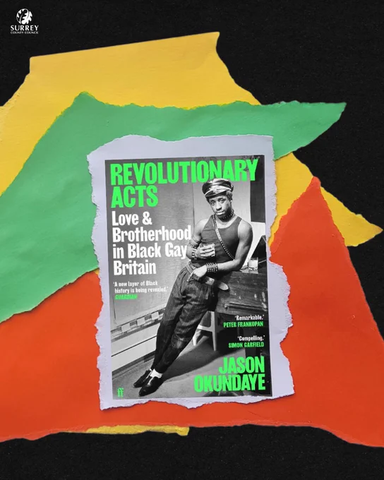 The cover of Revolutionary Acts by Jason Okundaye in front of red, yellow, and green collaged paper on a black background. 
