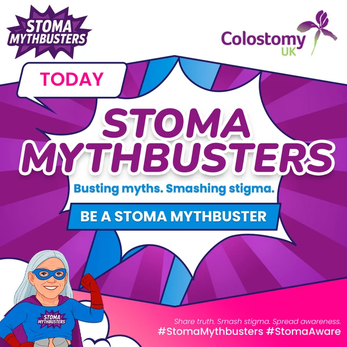 Today is Stoma Aware Day.
Every myth we bust brings us closer to a world with more understanding, confidence, and dignity for people living with a stoma.

Join us, share your story, and help bust the myths. Be a #StomaMythbuster  https://www.colostomyuk.org/campaigns/stoma-mythbusters/

#StomaAware #StomaMythbuster  