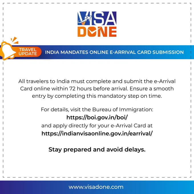 Travelling to India? All travellers must now complete and submit the mandatory e-Arrival Card online within 72 hours before arrival. Submit early to avoid delays and ensure a smooth immigration process.