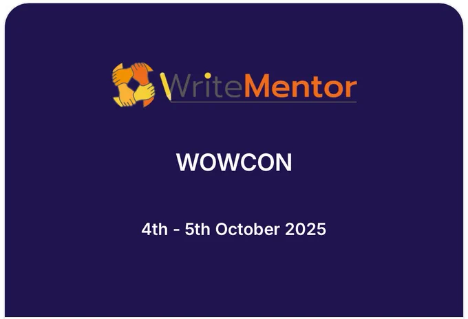 Graphic advert with a purple background. Text reads:  WriteMentor WOWCON 4th-5th Octobed 2025.