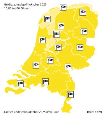 Kaartje van het KNMI met code geel voor zware windstoten in het hele land