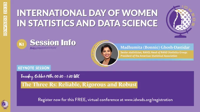 Bonnie Ghosh-Dastidar is a senior statistician at RAND working in public policy; she also leads the RAND Statistics Group. Ghosh-Dastidar’s experience includes being lead statistician for large-scale surveys on sexual assault and harassment in the U.S. military, as well as for the first Singapore mental health survey to assess national prevalence. Her current collaborations center on multiple National Institutes of Health studies leveraging quasi-experimental design to evaluate the effect of neighborhood-level change on residents’ diet, sleep, and cardiovascular health. She is a fellow of the ASA and has been recognized for her collaboration, leadership and mentoring. she was recently honored by the Penn State Eberly College of Science with the 2025 Outstanding Science Alumni award. Ghosh-Dastidar is the 119th president of the American Statistical Association.