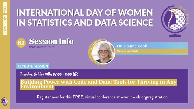 Dianne Cook is a Professor of Statistics in the Department of Econometrics and Business Statistics at Monash University in Melbourne, Australia. She holds a PhD in Statistics from Rutgers University. Her research focuses on statistical graphics, especially interactive visualization of high-dimensional data and statistical inference for visualization, and she incorporates these topics into her teaching. Di is a strong advocate for open source software, ethical data practices, and gender equity. Many of the R packages she contributes to are named after Australian wildlife—highlighting both a connection to place and a celebration of the country’s unique and threatened species