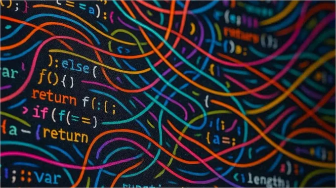Abstract visualization of colourful code syntax on black background, featuring flowing lines in vibrant colours (orange, blue, purple, pink, green) interweaving with programming keywords and functions like 'else', 'return', 'if', and 'var', creating an artistic representation of code structure