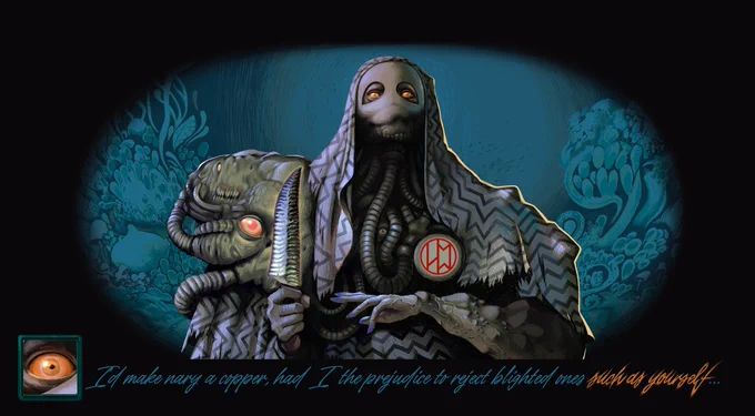 Concept art showing a hooded, otherworldly merchant with glowing amber eyes and a stitched, unreadable mask. He wears a patterned garment against a blue, organic backdrop reminiscent of fungi. Text below reads: “I’d make nary a copper, had I the prejudice to reject blighted ones such as yourself…