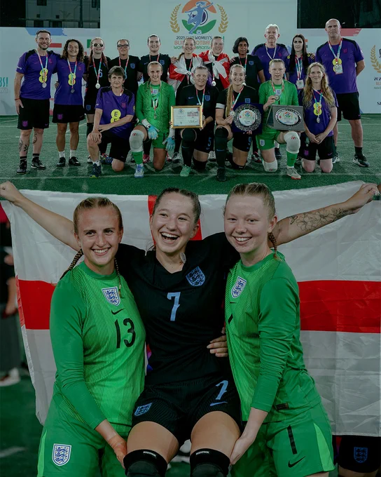A split graphic. Top image shows all of the squad posing with the runners up trophy. The bottom image shows players posing with the England flag, smiling. 