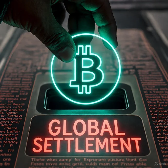 Close-up of a dark hand dropping a glowing Neon Cyan Bitcoin coin into a slot that says "GLOBAL SETTLEMENT" on a futuristic, gritty machine. The slot is surrounded by fine print glowing faintly in Neon Red. Aesthetic: Dark, high-contrast, industrial retro-tech.