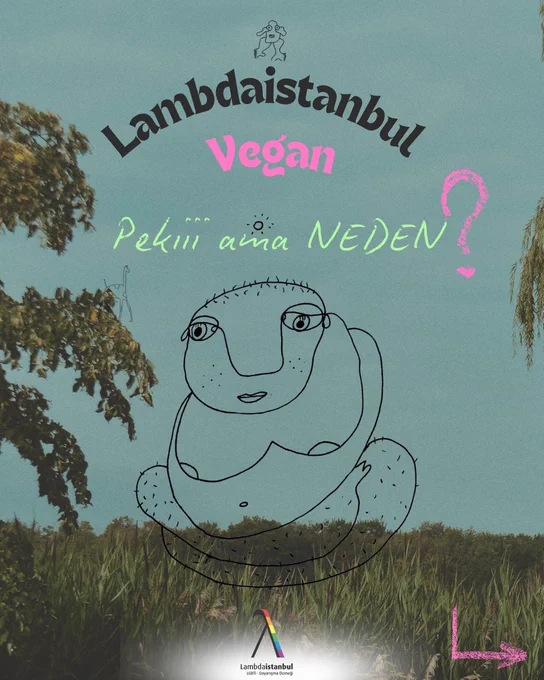 arka planında mavi gökyüzü, alt kısmında yoğun yeşil ağaç ve bitki örtüsü var.
Sol ve sağ kenarlarda ağaç dalları içeriye doğru sarkıyor.
Üst bölümde ortada siyah kavisli yazıyla “Lambdaistanbul” yazıyor. Altında daha
küçük pembe renkte “Vegan” kelimesi.
Orta bölümde yeşil tonlarda elle yazılmış gibi görünen yazıyla “Pekiii ama NEDEN?”
ifadesi bulunuyor. 
Sonundaki soru işareti pembe renkte tebeşirle çizilmiş gibi görünüyor.
Orta kısımda, şeffaf bir katman gibi çizilmiş soyut bir insan figürü var. Çizgiyle yapılmış
bu figür yuvarlak hatlı, oturur pozisyonda, büyük yüzlü, gövdesinde kıl detayları var
Alt bölümde ortada “Lambdaistanbul LGBTİ  Dayanışma Derneği” yazısı ve üstünde
gökkuşağı renkli bir şerit içeren lambda logosu yer alıyor.
Sağ altta pembe tebeşirle çizilmiş ok işareti.
Yani görsel; doğa manzarası fotoğrafı üzerine dijital tipografi, el yazısı efekti, tebeşir
görünümlü işaretler ve minimalist çizgi illüstrasyonların üst üste bindirilmesiyle
oluşturulmuş bir afiş tarzında.