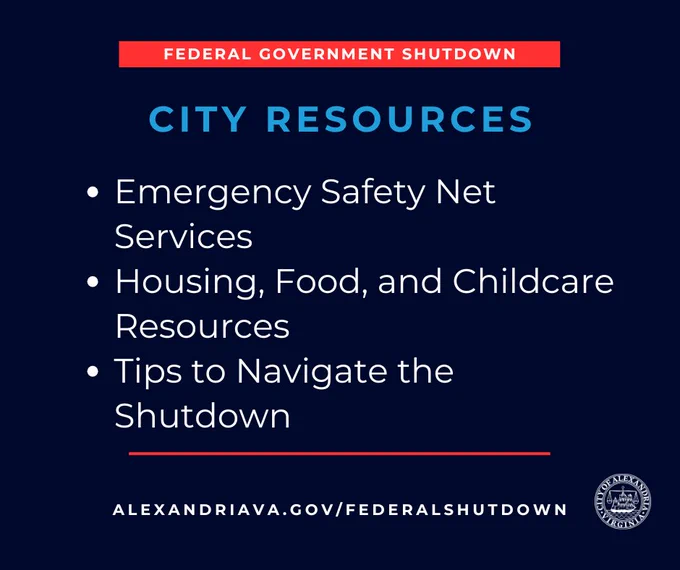 An informational graphic about city resources available during the Federal Government Shutdown. It lists Emergency Safety Net Services, Housing, Food, and Childcare Resources, and Tips to Navigate the Shutdown. Visit alexandriava.gov/federalshutdown for more details. The City of Alexandria seal is at the bottom.
