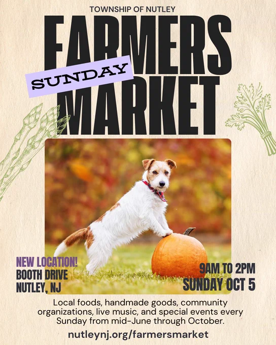 Dog with Front Paws on a Pumpkin | Township of Nutley Farmers Market, Booth Drive, Nutley, NJ | Sundays 9am-2pm from mid-June through October