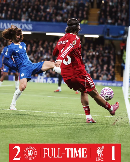 Full-time graphic for Chelsea vs Liverpool in the Premier League.

The final score is Chelsea 2-1 Liverpool.