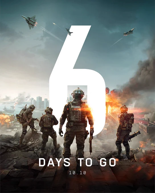 Battlefield key art with the text graphic '6 days to go' displayed prominently on top, along with the release date '10.10'.