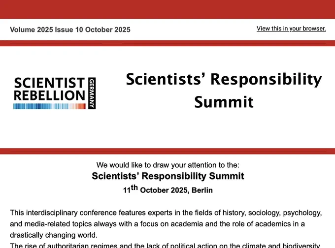 Screenshot from the latest edition of the Scientist Rebellion Germany Newsletter, announcing the "Scientists' Responsibility Summit" on October 11th in Berlin