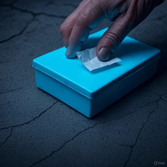 Extreme close-up of a weathered, gloved hand (retro-futuristic) carefully sealing a single piece of crumpled paper (the seed phrase) inside a small, glowing Neon Cyan metallic safety box, surrounded by dark, cracked concrete. Focus on the contrast between the digital security color and the analog storage. --ar 1:1

