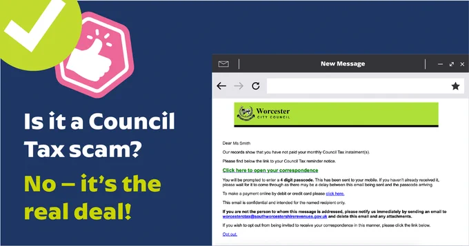 A graphic includes an email message about Council Tax. A caption reads, "Is it a Council Tax scam? No - it's the real deal!"