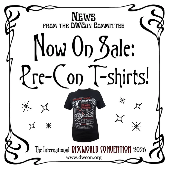 A white square background with black art nouveau border and text reading "On Sale: Pre-Con T-Shirts" below it is a small photo of a black t-shirt with red and white writing on it and the drawing of an opera ghost, hand drawn sparkles are either side.
