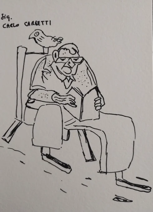 Disegno di un signore che legge su una panchina, con un uccello alle spalle.