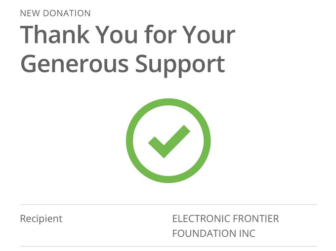 Screenshot of donation receipt to the Electronic Frontier Foundation. The donation amount is not shown.