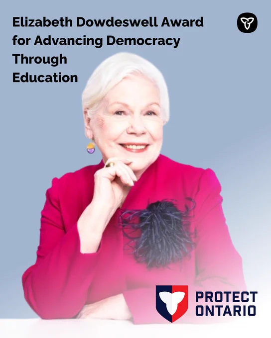 Elizabeth Dowdeswell wearing a red outfit and purple earrings. Image text: Elizabeth Dowdeswell Award for Advancing Democracy Through Education. 