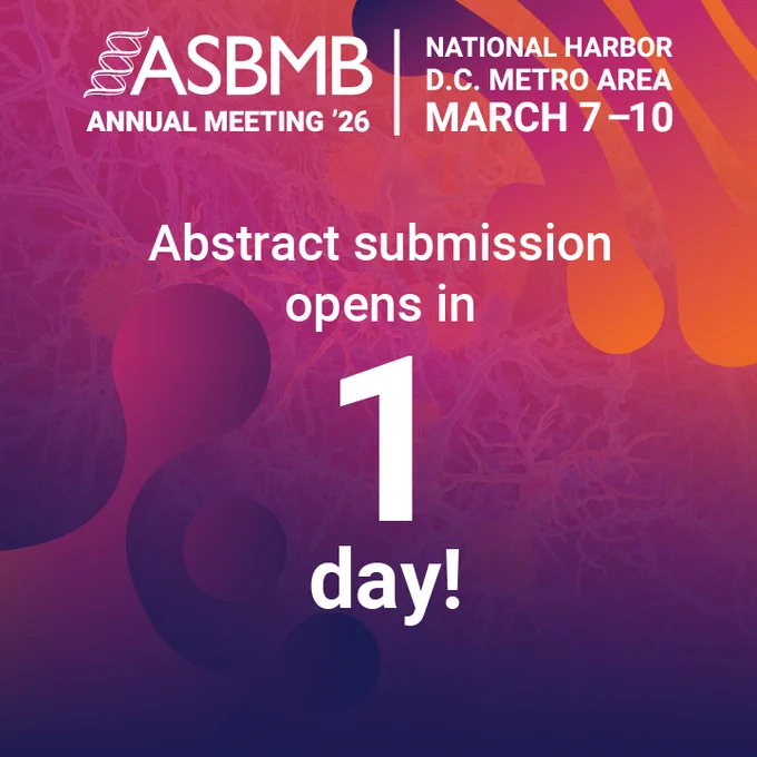 Text reads abstract submission opens in 1 day! The background is a scientific image behind a blue, pink and orange gradient.