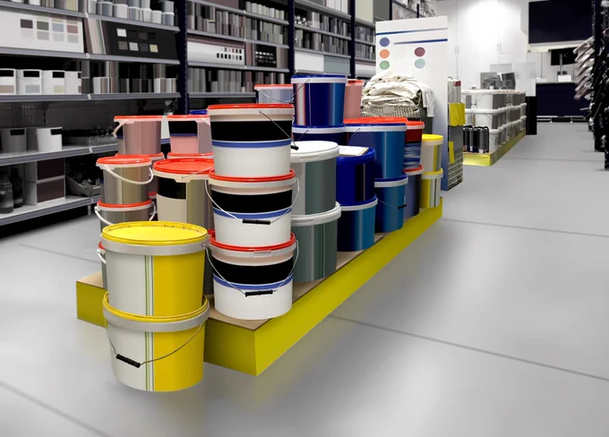 Clean and organized paint section in a hardware store. 
A colorful display of brandless paint buckets on a yellow shelf perfect for retail design, packaging concepts, and visual merchandising mock-ups.

https://www.istockphoto.com/portfolio/Pandza?mediatype=photography
 #PaintStore #RetailDesign #Merchandising #Planogram #PackagingDesign #BrandlessDesign #DIYStore #InteriorDesign #ColorDisplay #HardwareStore #RetailVisuals #StoreLayout #CreativeMockup #IndustrialDesign #VisualMerchandising