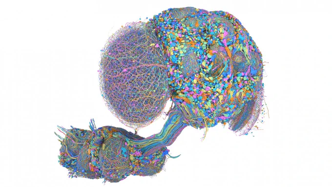 A multicolour 3D rendering by Philip Hubbard (Janelia) of neurons in the male brain and nerve cord connectome.